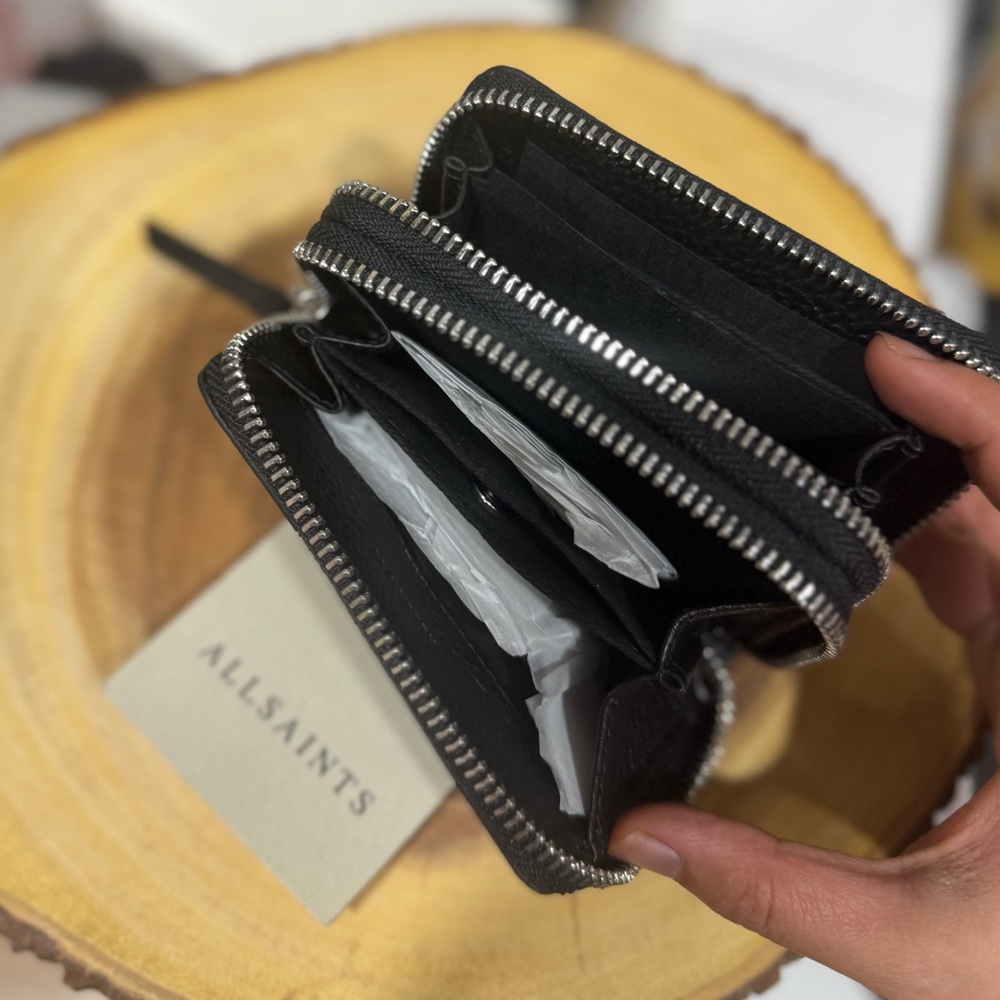 AllSaints Black Pebbled Leather Zip Wallet with Tassel Pull - Picture 7 of 10